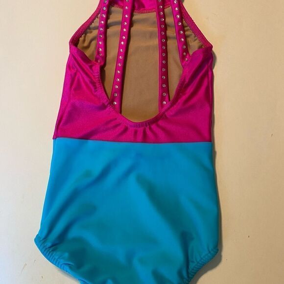 Custom rhinestoned dance costume hot pink Aqua blue leotard child S - Picture 4 of 11
